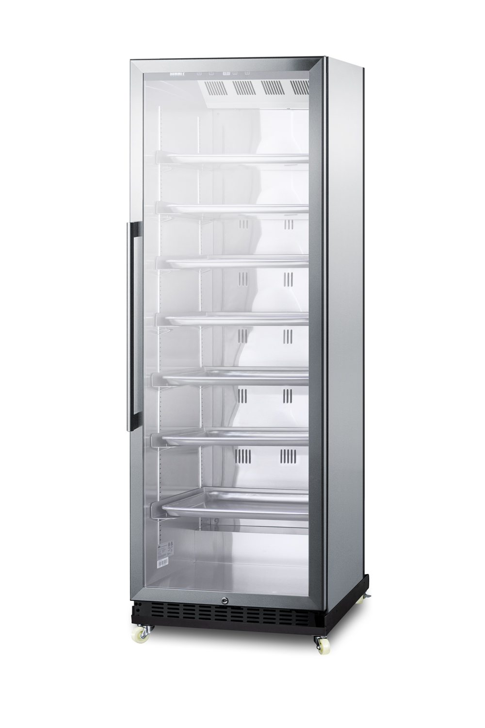 Full-size commercial beverage merchandiser designed for the display and refrigeration of beverages and sealed food, with stainless steel interior, self-closing glass door, sheet pans and adjustable tray supports, chrome shelves, stainless steel cabinet, and removable dolly
